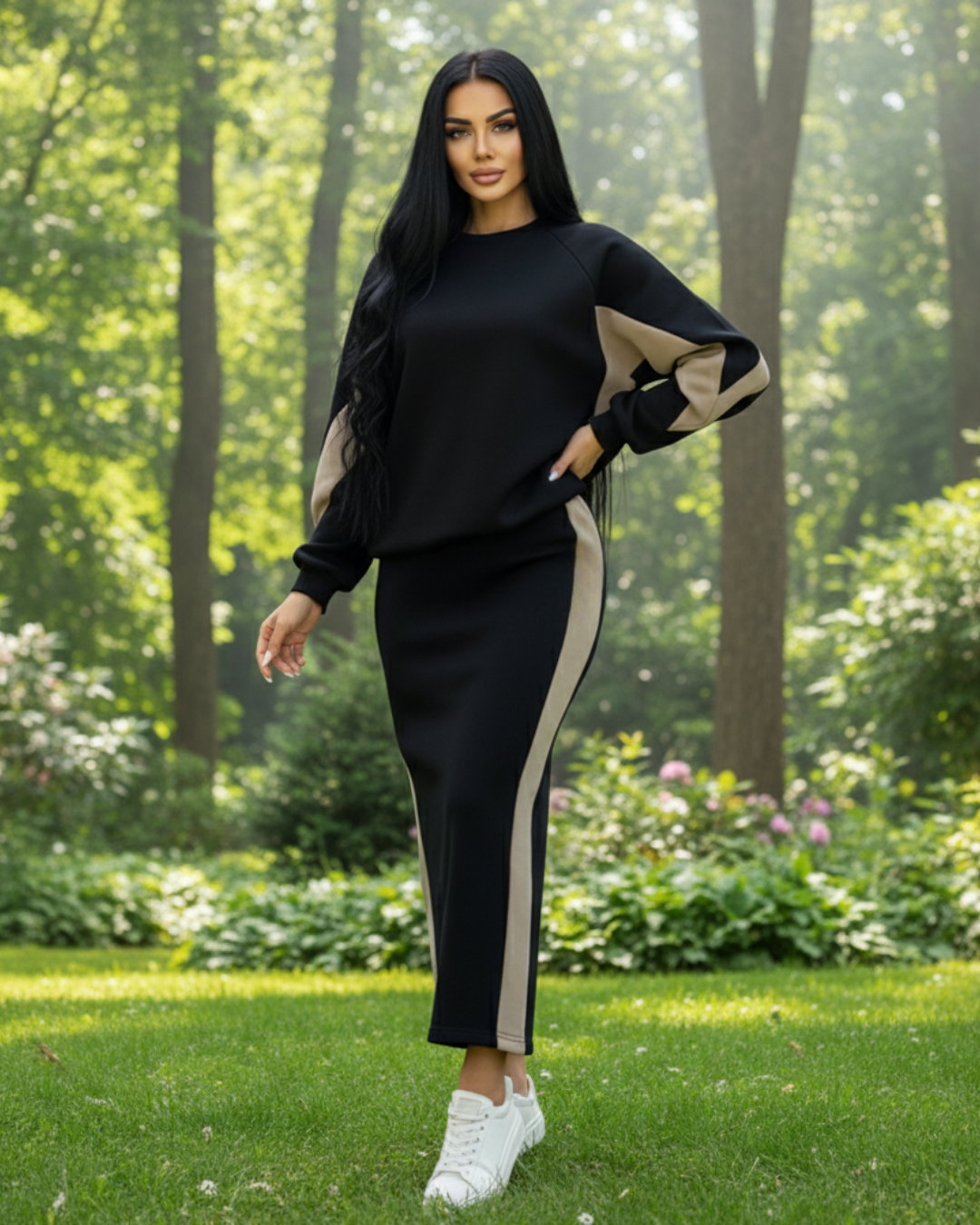 Conjunto holgado con top de manga larga y falda con abertura