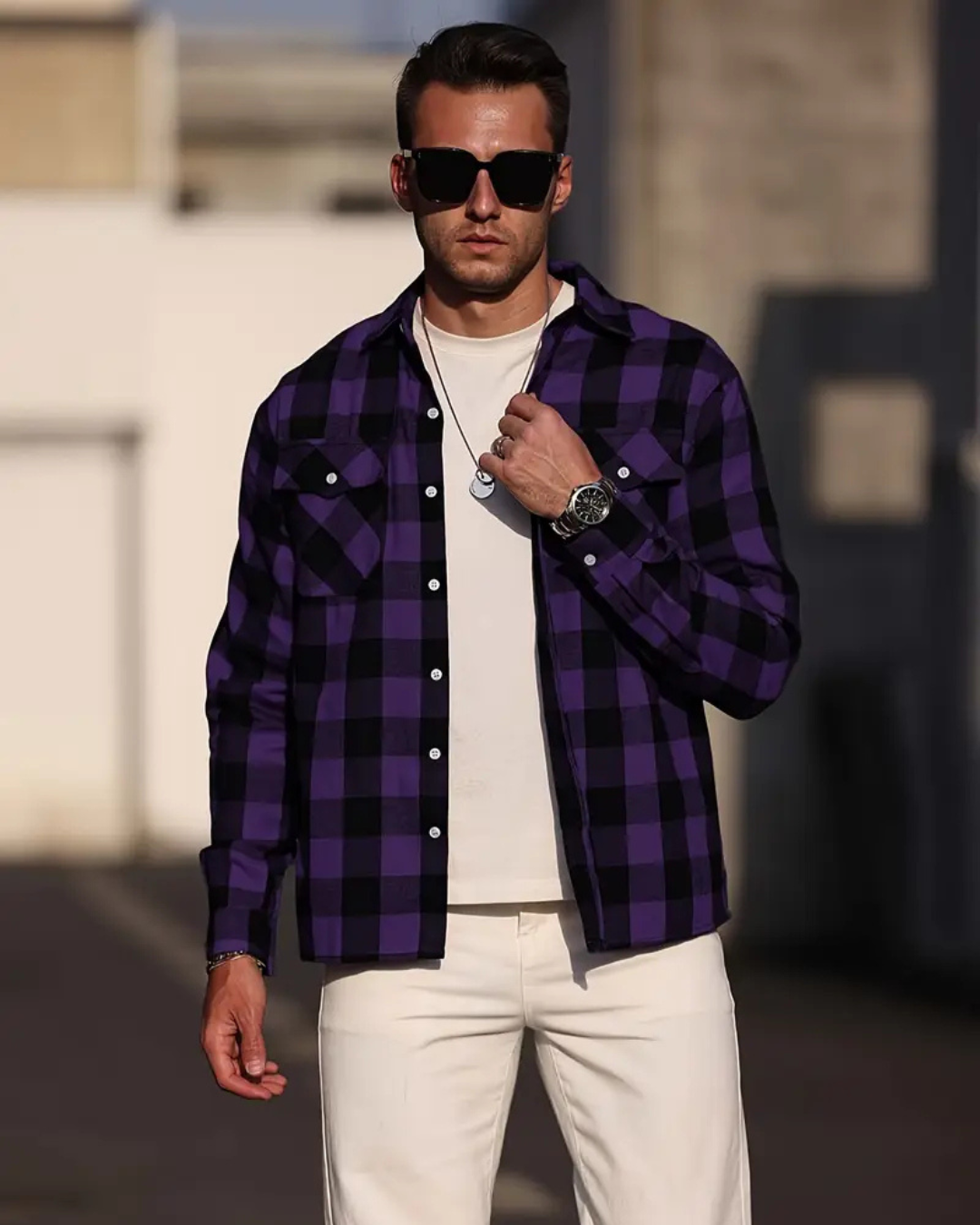 Camisa manga larga con diseño a cuadros para hombre