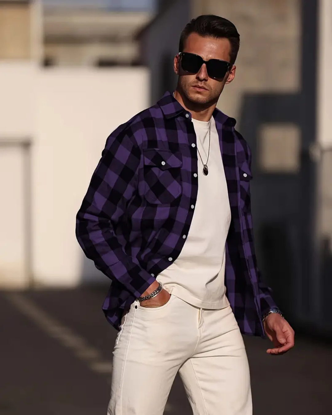 Camisa manga larga con diseño a cuadros para hombre