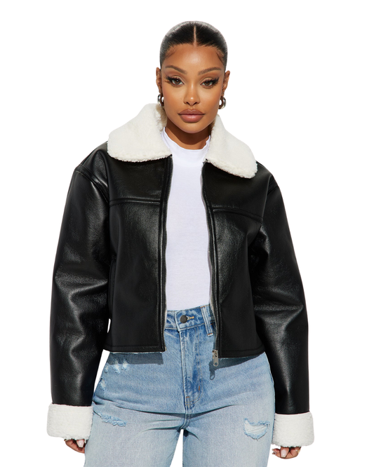 Chaqueta Bomber de Cuero Sintético con Forro Cálido Para Mujer®