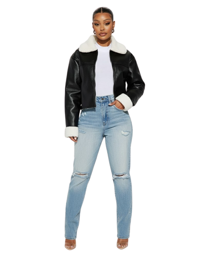 Chaqueta Bomber de Cuero Sintético con Forro Cálido Para Mujer®