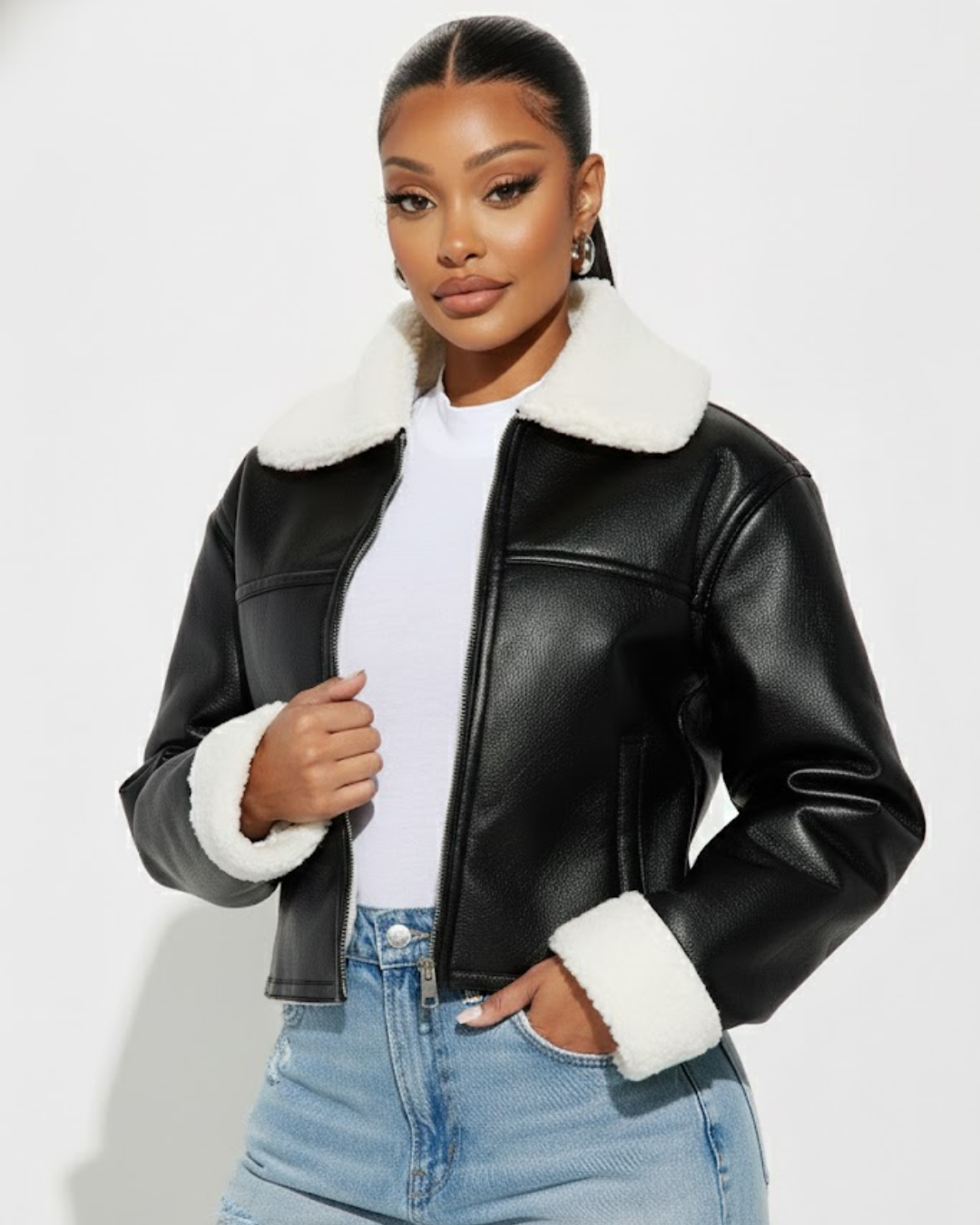 Chaqueta Bomber de Cuero Sintético con Forro Cálido Para Mujer®