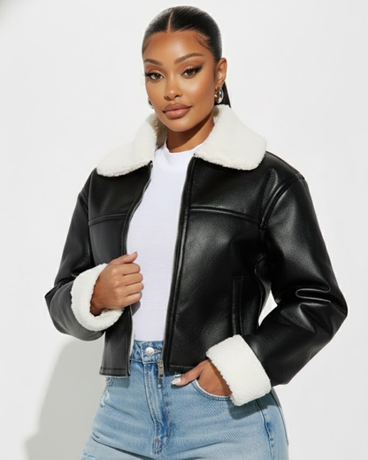 Chaqueta Bomber de Cuero Sintético con Forro Cálido Para Mujer®