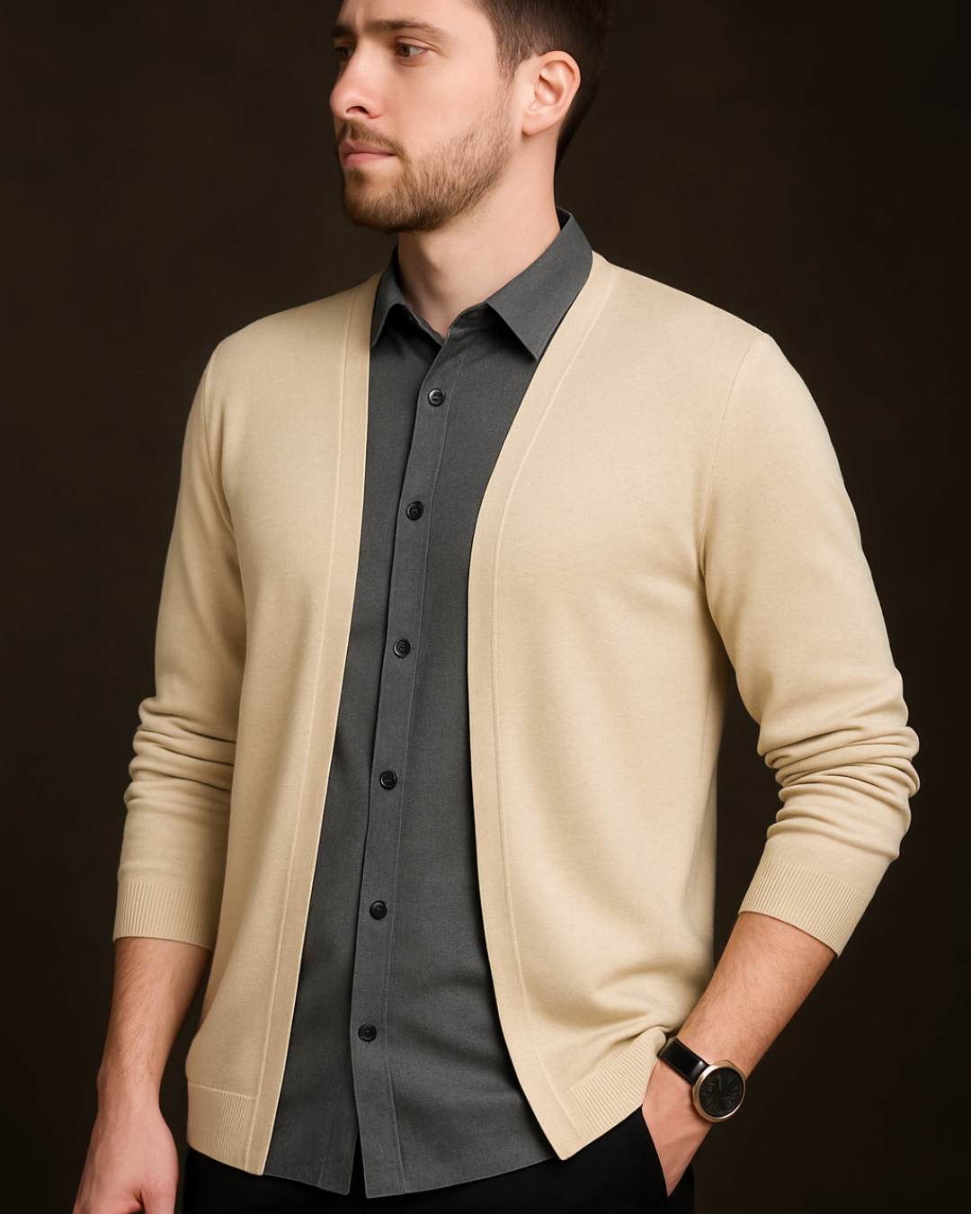 Cárdigan de Punto Elastico con Cuello de Camisa para hombre