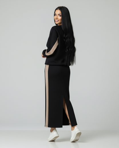 Conjunto holgado con top de manga larga y falda con abertura