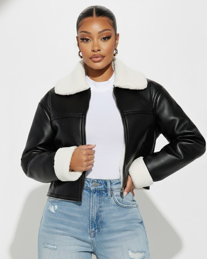 Chaqueta Bomber de Cuero Sintético con Forro Cálido Para Mujer®