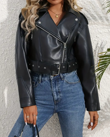 Chaqueta casual de mujer en piel sintética con cinturón ajustable