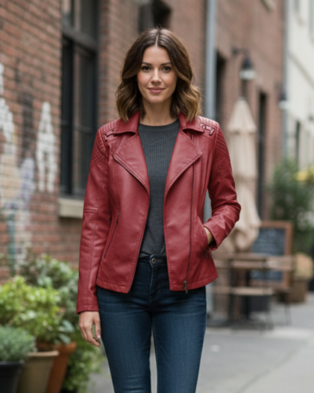 Chaqueta casual de mujer en cuero sintético