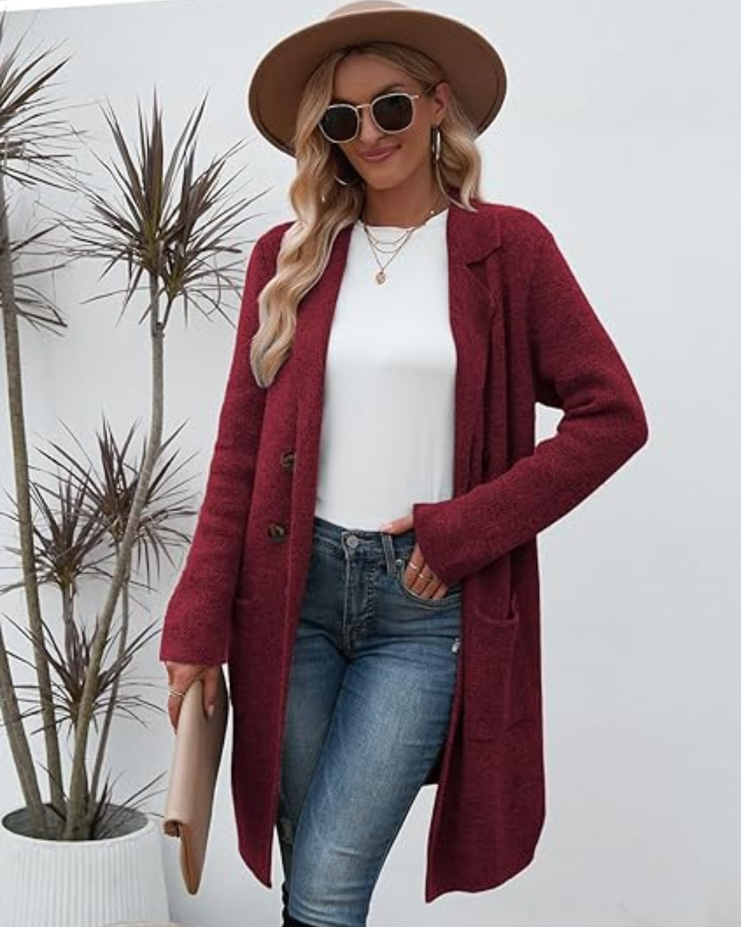 Cárdigan largo con bolsillos y botones frontales para mujer