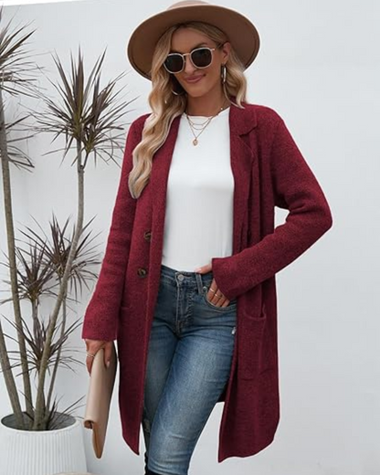 Cárdigan largo con bolsillos y botones frontales para mujer
