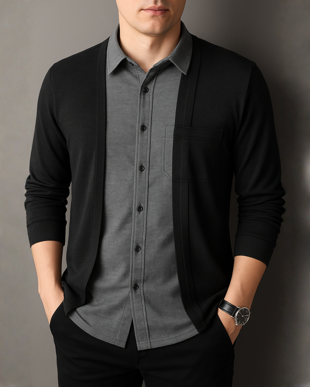 Cárdigan de Punto Elastico con Cuello de Camisa para hombre