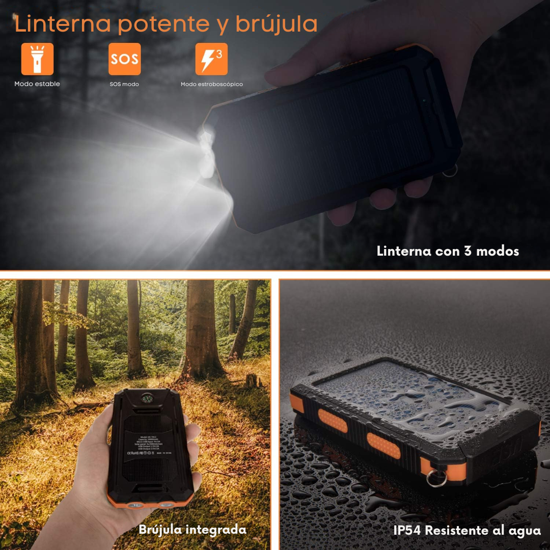 Power Bank Solar de 10.000 mAh resistente al agua y a los golpes